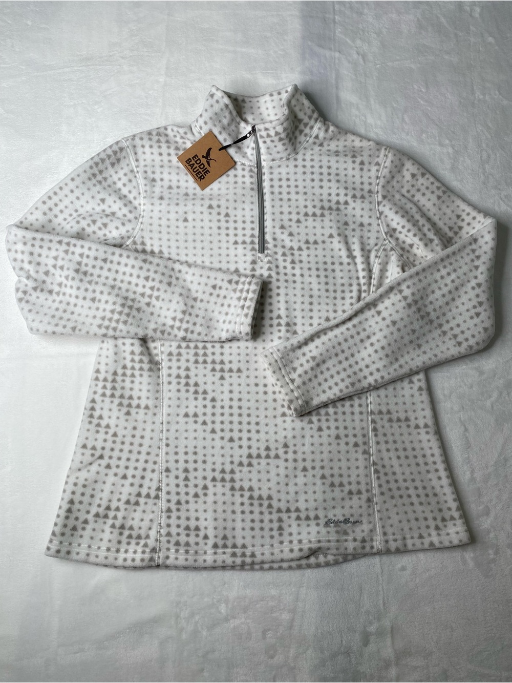 Eddie Bauer Women's White Fleece Quarter-Zip with Light Gray Triangle Pattern- M